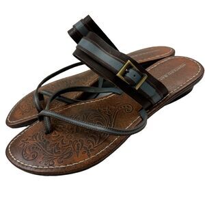 Montego Bay Club Brown Blue Leather Strappy Sandals Toe Strap Sz 8.5 / 40.5